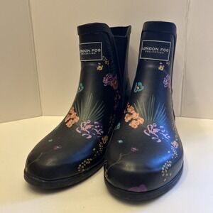 London Fog Womens Piccadilly Black Floral‎ Closed Toe Ankle Rain Boots Size 8